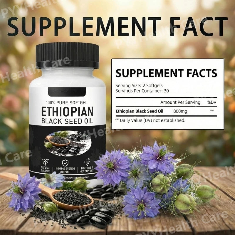 Ethiopian Black Seed Oil, Purely Nutrient Ethiopian BlackSeed Oil Capsules with Thymoquinone, Organic Cold-Pressed, 60 Softgels