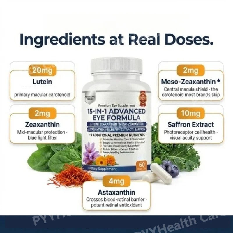 15 in 1 Advanced Eye Health Support Supplement with Lutein Zeaxanthin Astaxanthin – Daily Vision Nutrition Capsules