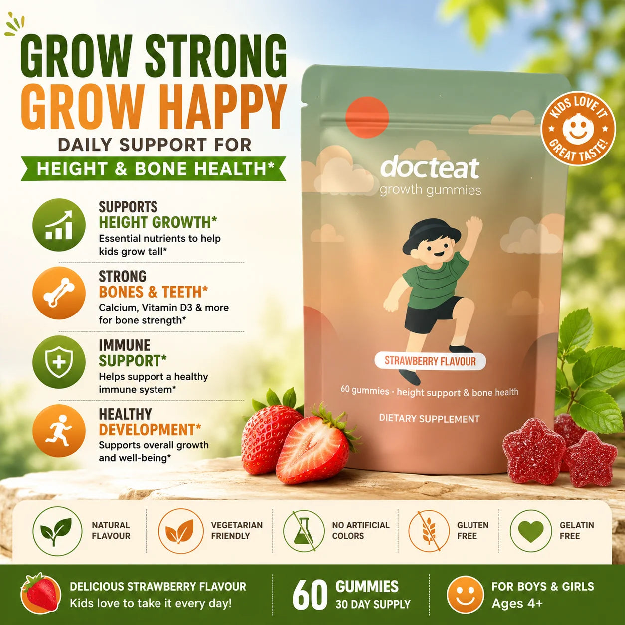 Chewable Growth Gummies for Kids | Strawberry Calcium Support