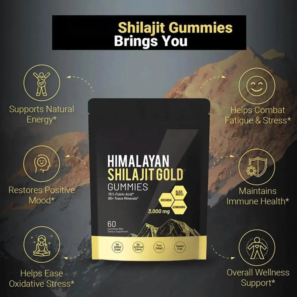60pcs Himalayan Shilajit Gold Gummies Dietary Supplement Improve Immunity, Enhance Physical Strength, Body Resist Stress