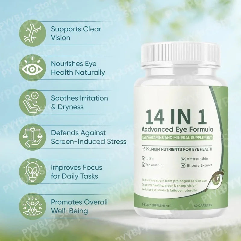 14 in 1 Eye Health Supplement 60 Capsules Contain Astaxanthin Lutein & Zeaxanthin — Relieve Daily Fatigue and Visual Comfort