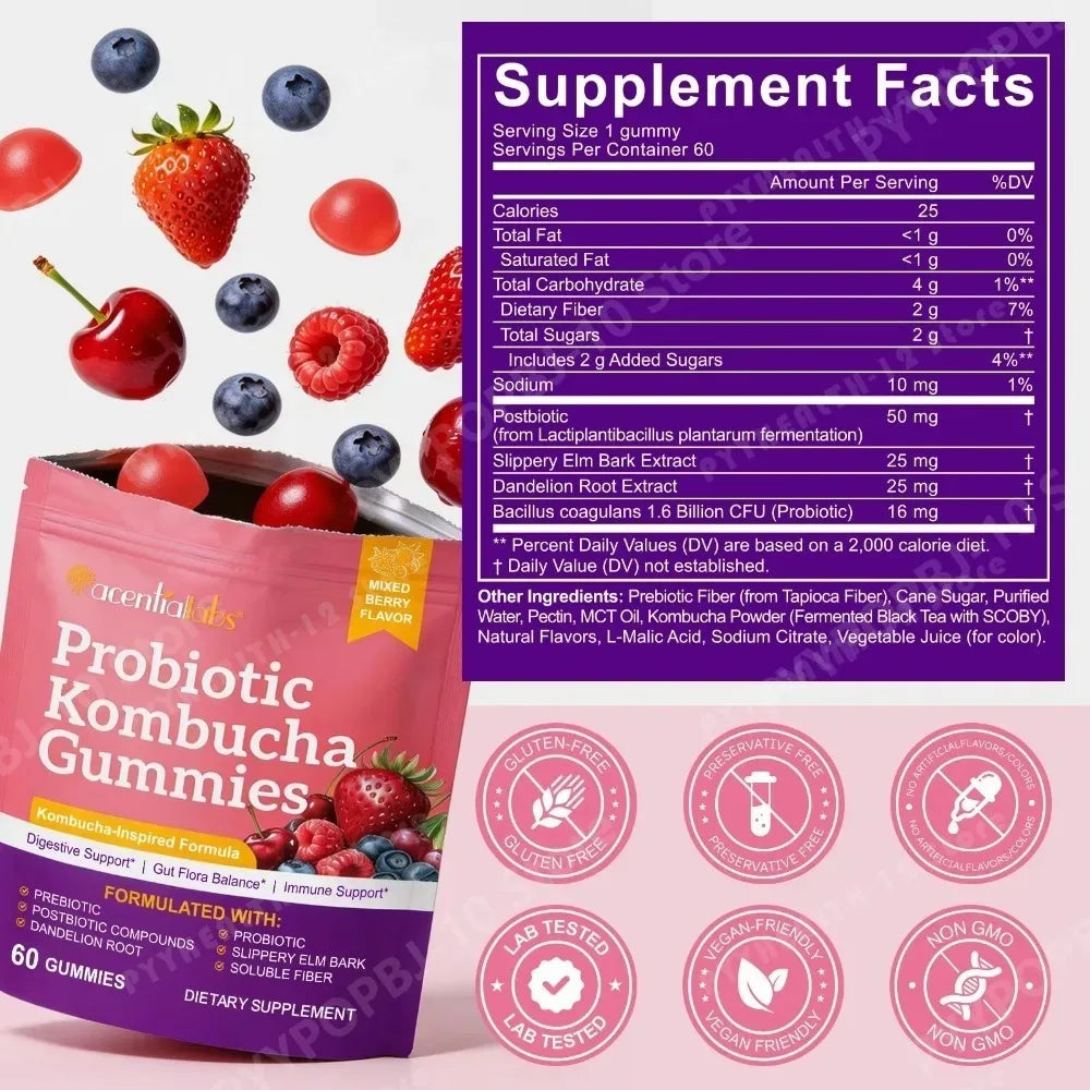 Probiotic Kombucha Gummies for Digestive Health | 60 Berry Gummies