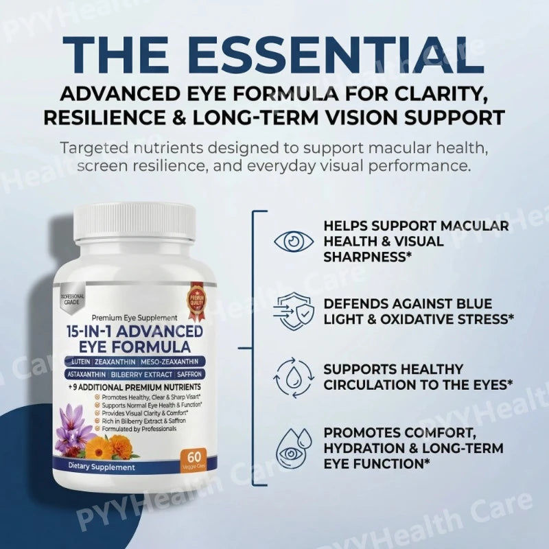 15 in 1 Advanced Eye Health Support Supplement with Lutein Zeaxanthin Astaxanthin – Daily Vision Nutrition Capsules