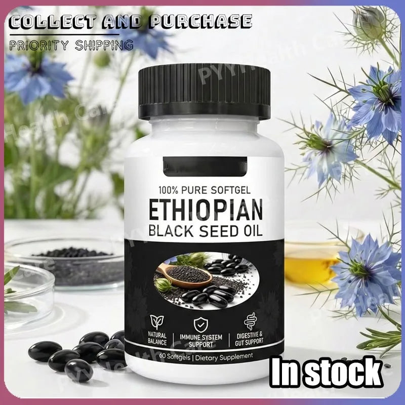 Ethiopian Black Seed Oil, Purely Nutrient Ethiopian BlackSeed Oil Capsules with Thymoquinone, Organic Cold-Pressed, 60 Softgels