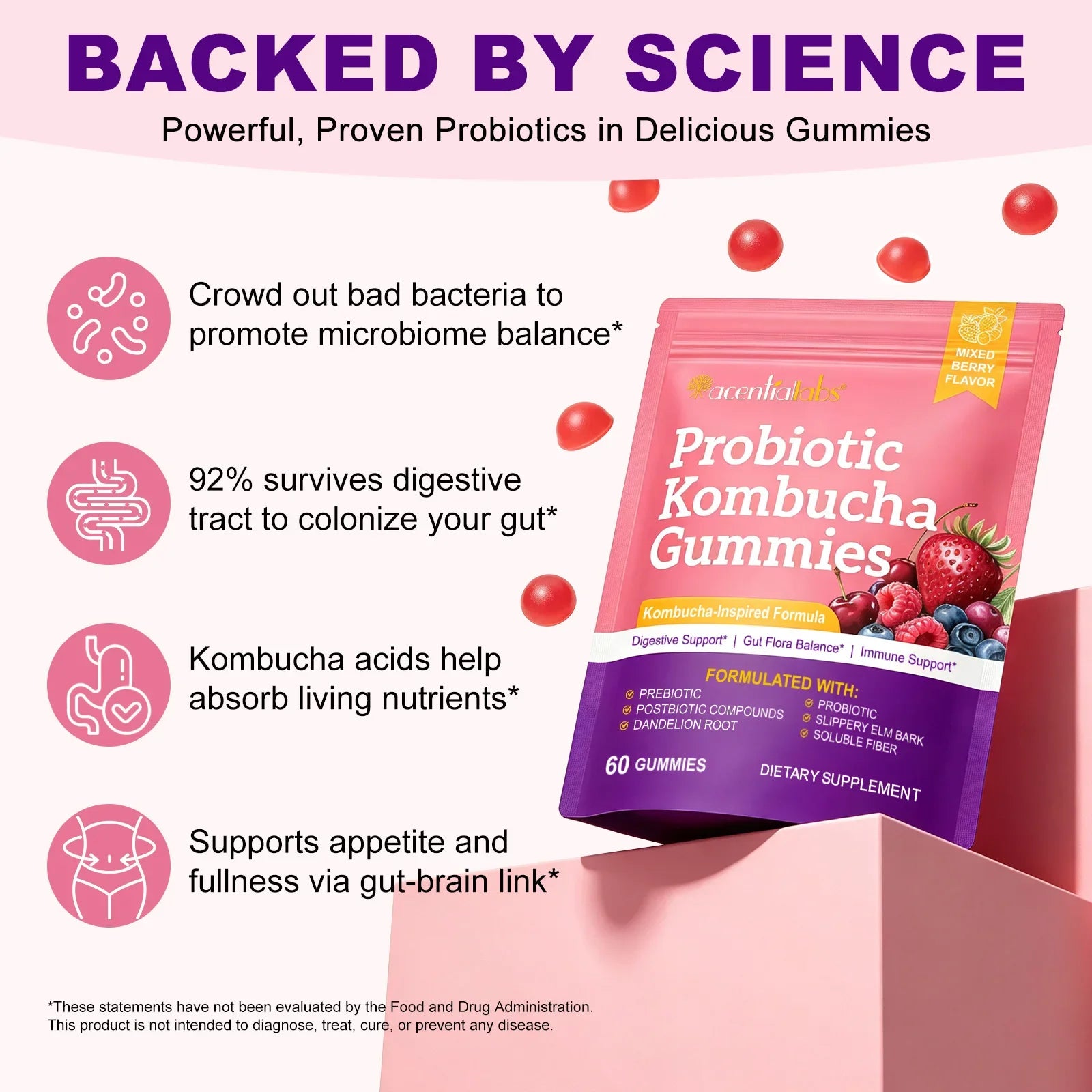 Probiotic Kombucha Gummies for Digestive Health | 60 Berry Gummies