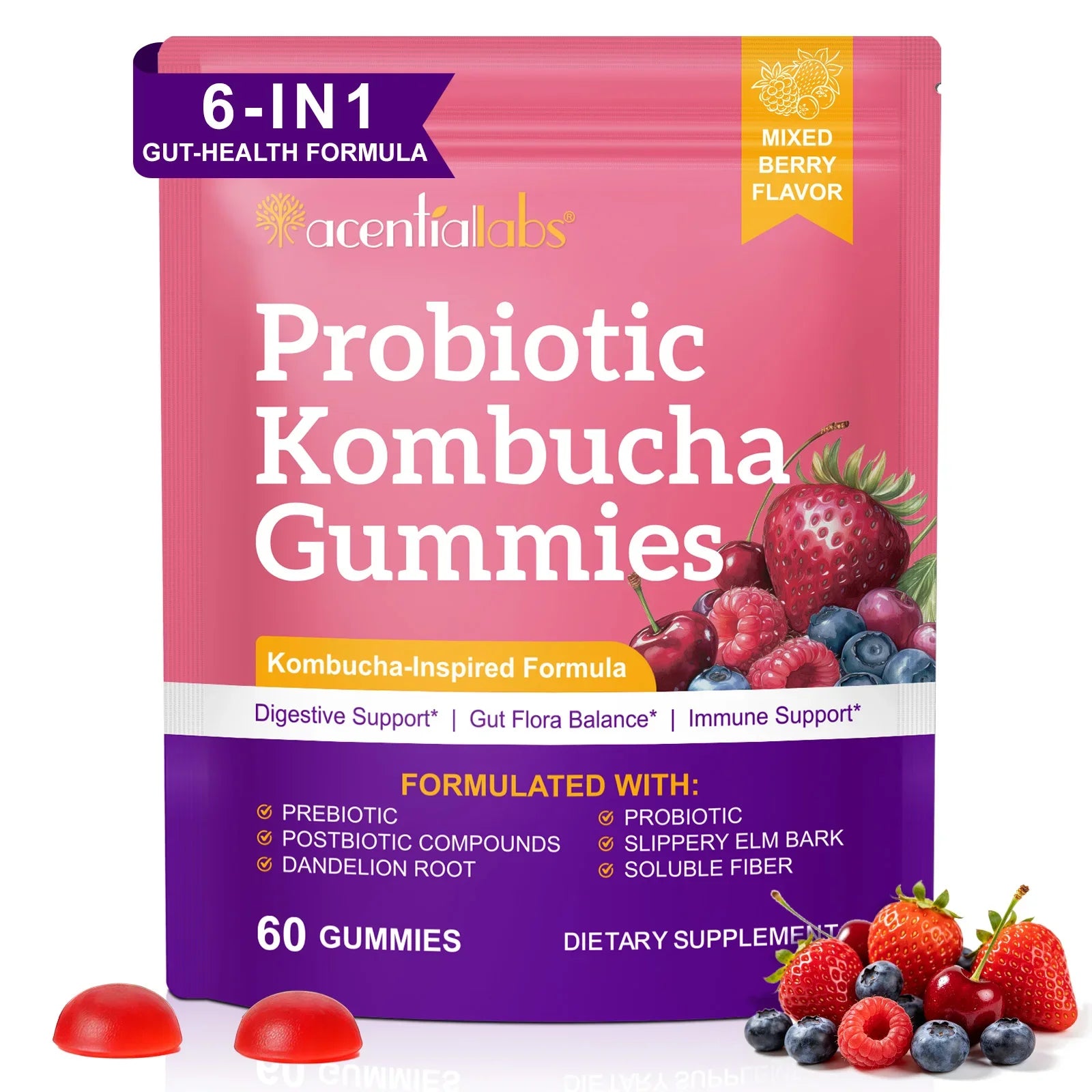 Probiotic Kombucha Gummies for Digestive Health | 60 Berry Gummies