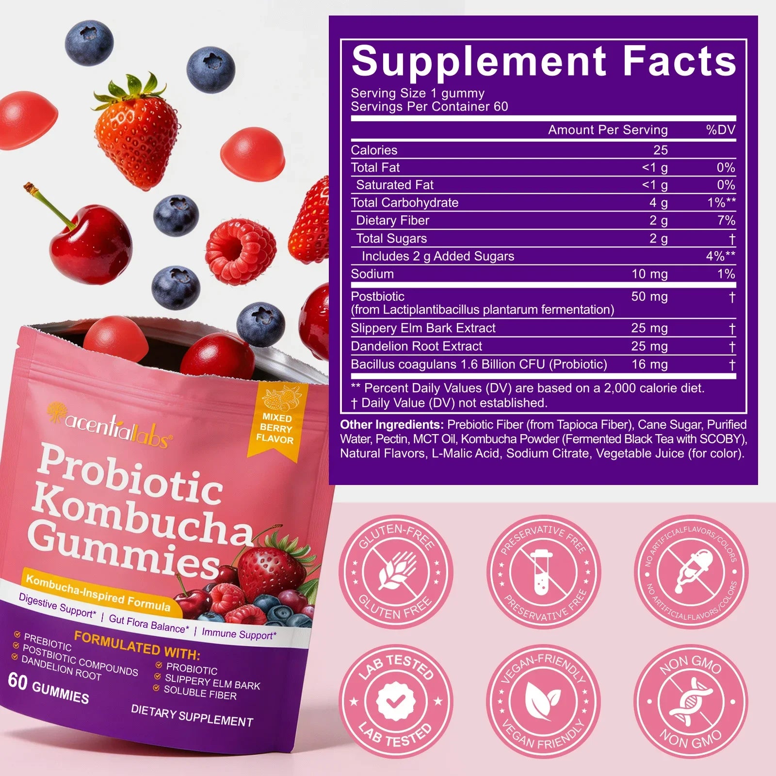 Probiotic Kombucha Gummies for Digestive Health | 60 Berry Gummies