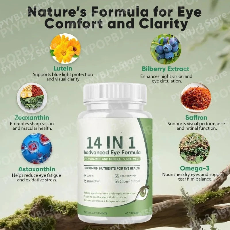 14 in 1 Eye Health Supplement 60 Capsules Contain Astaxanthin Lutein & Zeaxanthin — Relieve Daily Fatigue and Visual Comfort