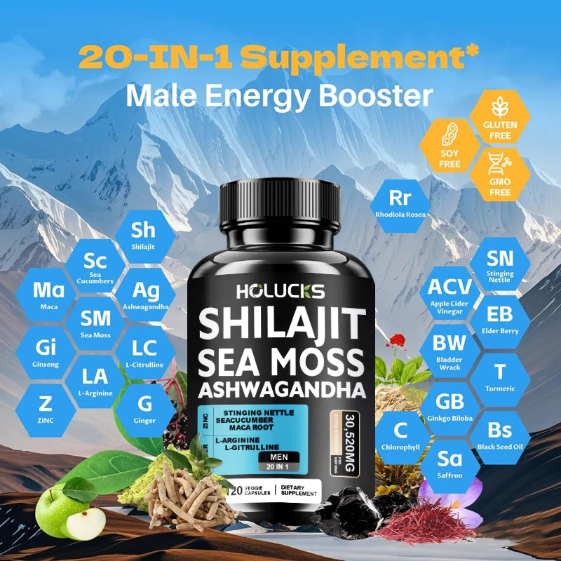 Advanced Shilajit & Sea Moss Supplement, with L-Citrulline, for Male Reproductive Health, Stamina & Immune Defense, Non-GMO